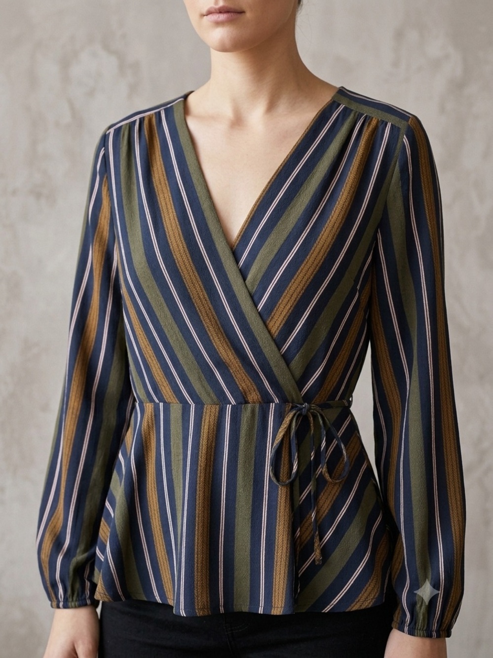 Monteau Navy, Olive & Mustard Striped Wrap Blouse Dress size M